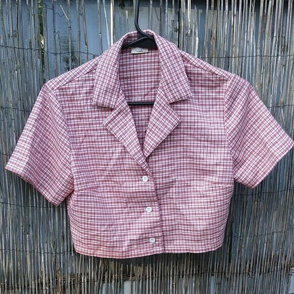 Brandy Melville / John Galt Vivian Red White Plaid Soft Button Down Crop Top - Picture 1 of 13